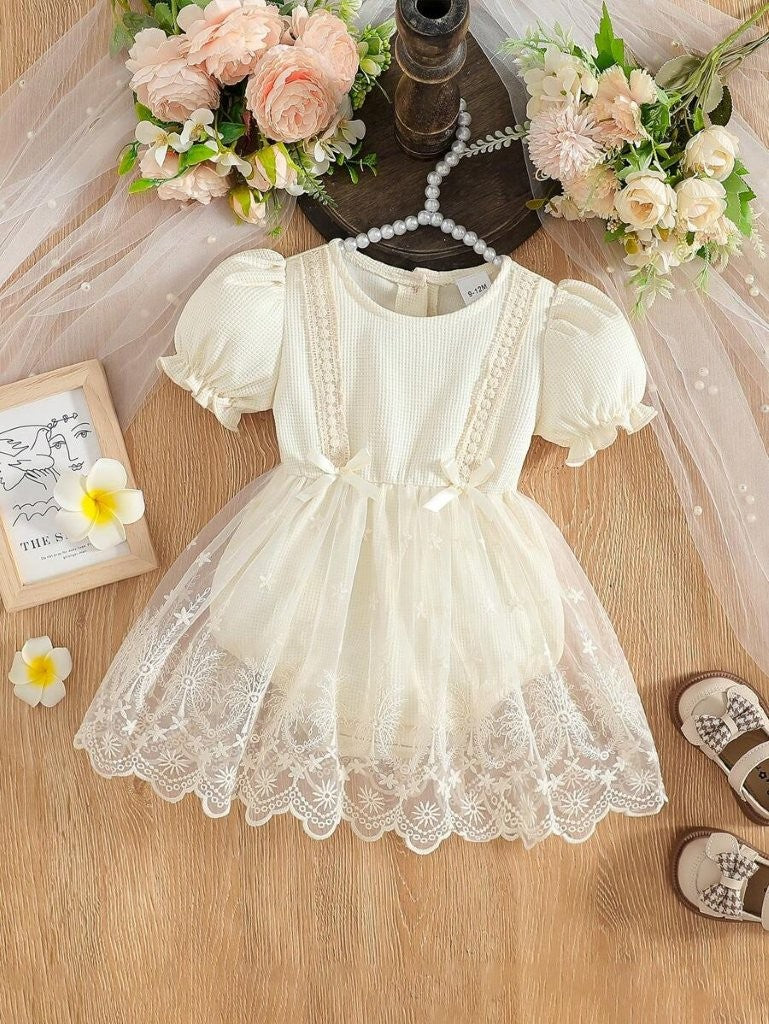 Baby Double Bow Lace Patterned Bodysuit Dress Apricot