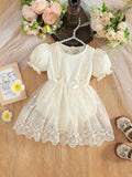 Baby Double Bow Lace Patterned Bodysuit Dress Apricot