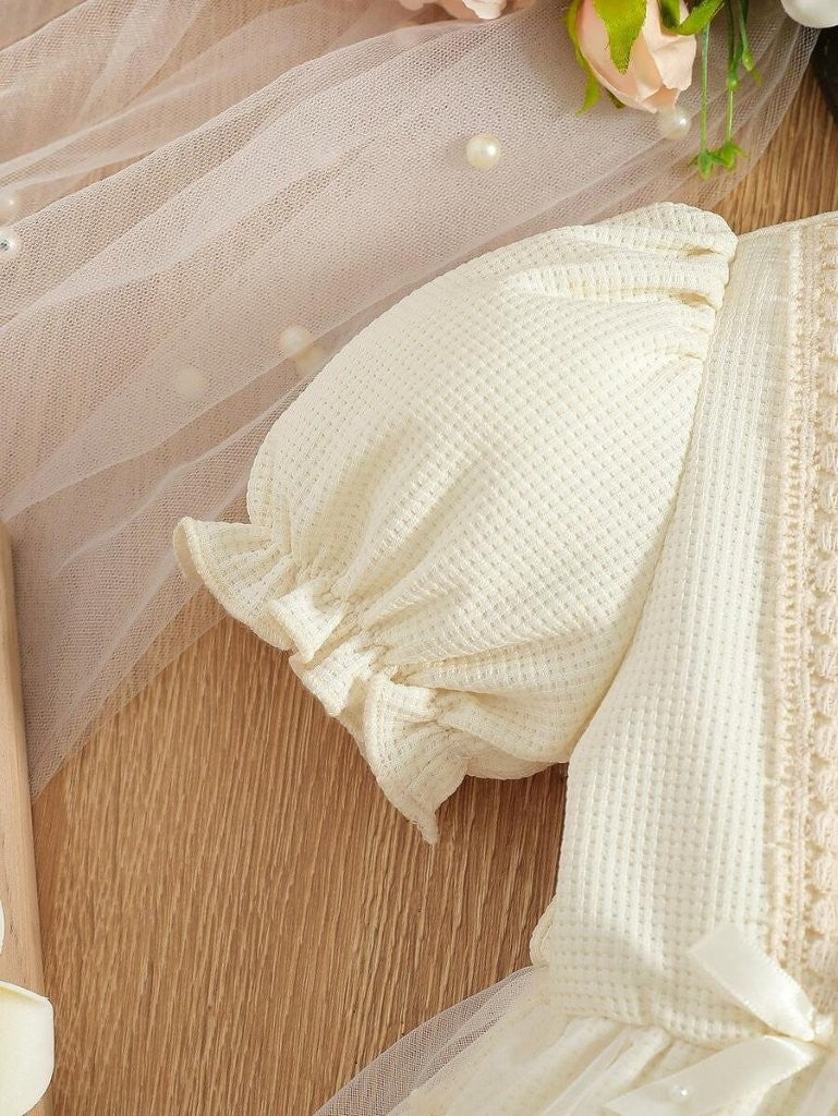 Baby Double Bow Lace Patterned Bodysuit Dress Apricot
