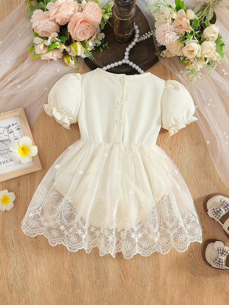 Baby Double Bow Lace Patterned Bodysuit Dress Apricot