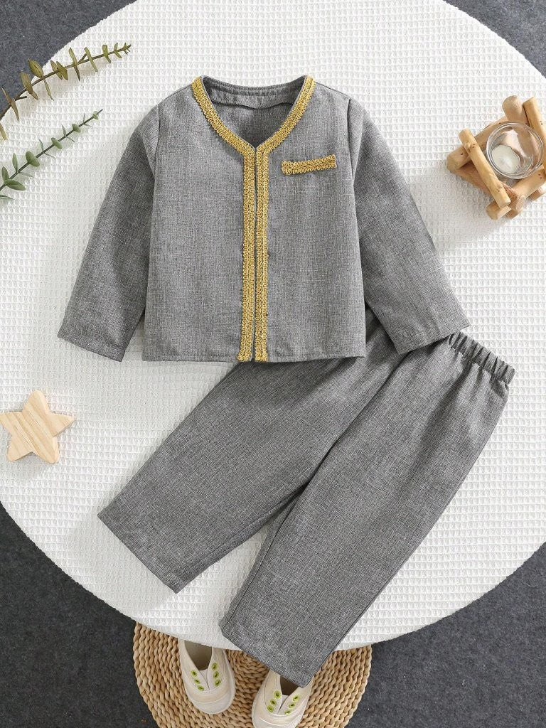 Baby Grey Embroidery Pattern Waistcoat With Pants Set