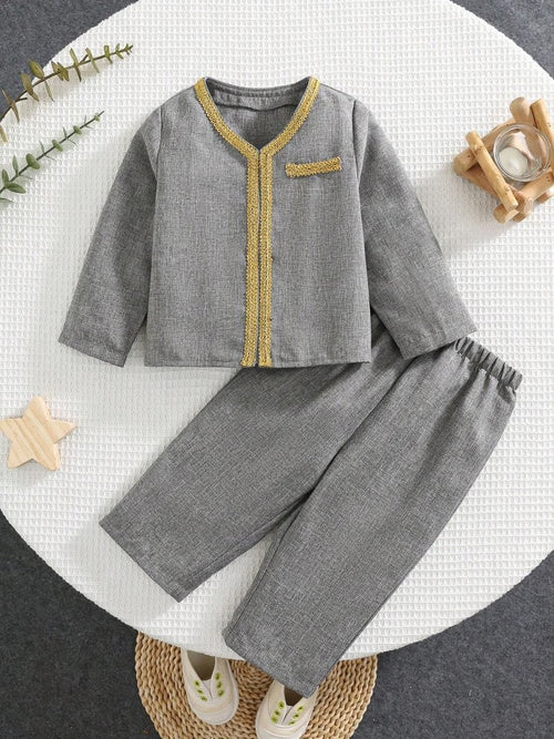 Baby Grey Embroidery Pattern Waistcoat With Pants Set