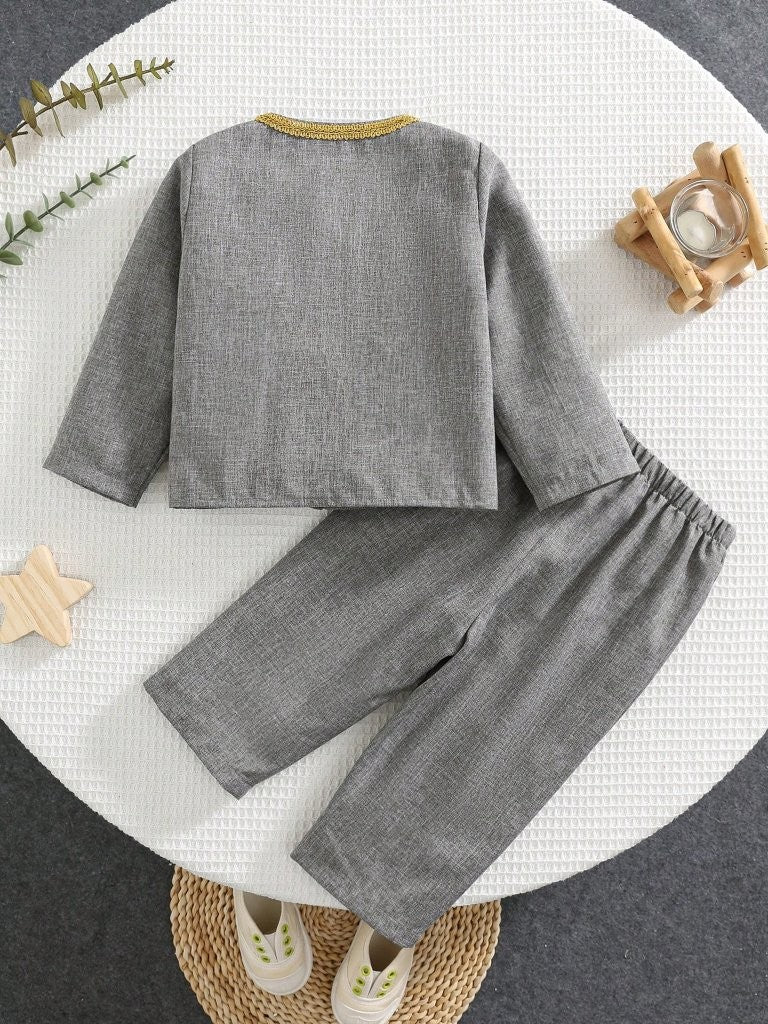 Baby Grey Embroidery Pattern Waistcoat With Pants Set