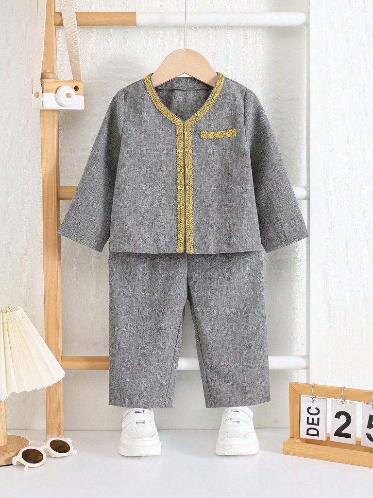 Baby Grey Embroidery Pattern Waistcoat With Pants Set