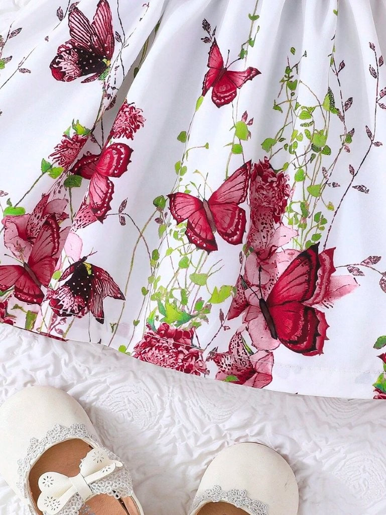 Baby Floral Butterfly Print Bow Dress Burgundy
