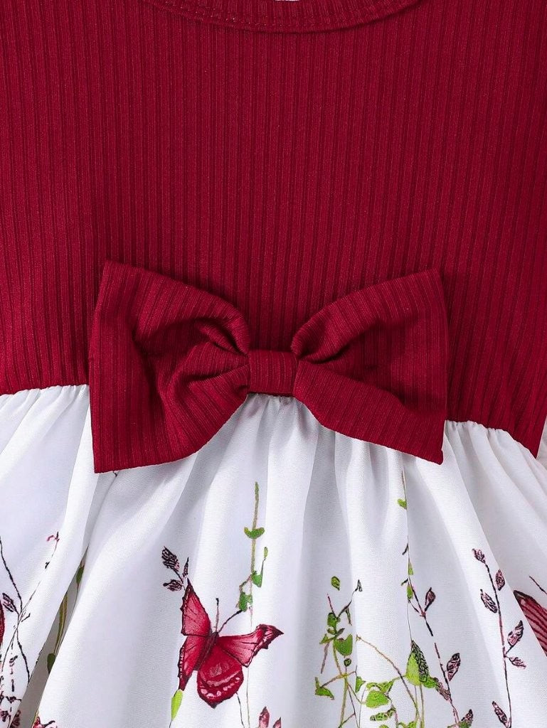 Baby Floral Butterfly Print Bow Dress Burgundy