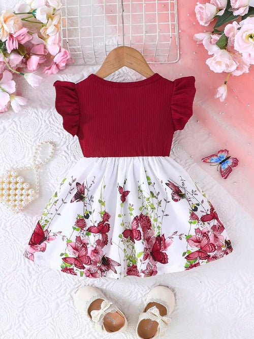 Baby Floral Butterfly Print Bow Dress Burgundy