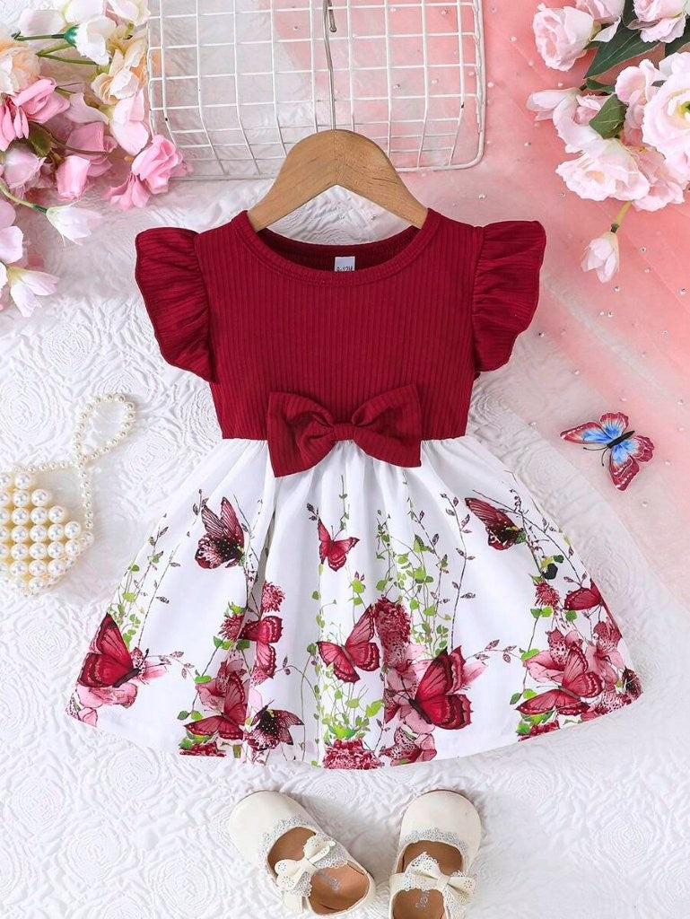 Baby Floral Butterfly Print Bow Dress Burgundy