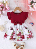 Baby Floral Butterfly Print Bow Dress Burgundy