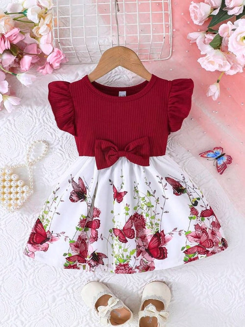 Baby Floral Butterfly Print Bow Dress Burgundy