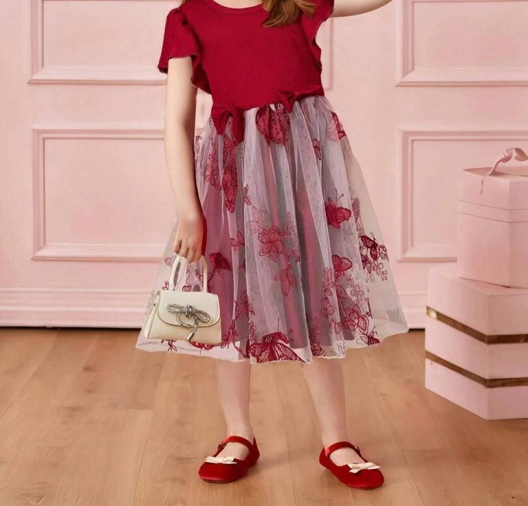 Toddler Girls Double Bow Butterfly Embroidered Dress