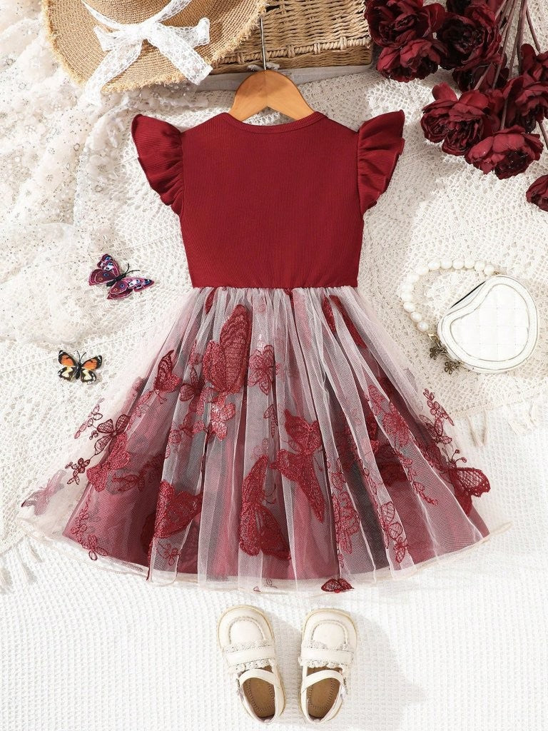 Toddler Girls Double Bow Butterfly Embroidered Dress