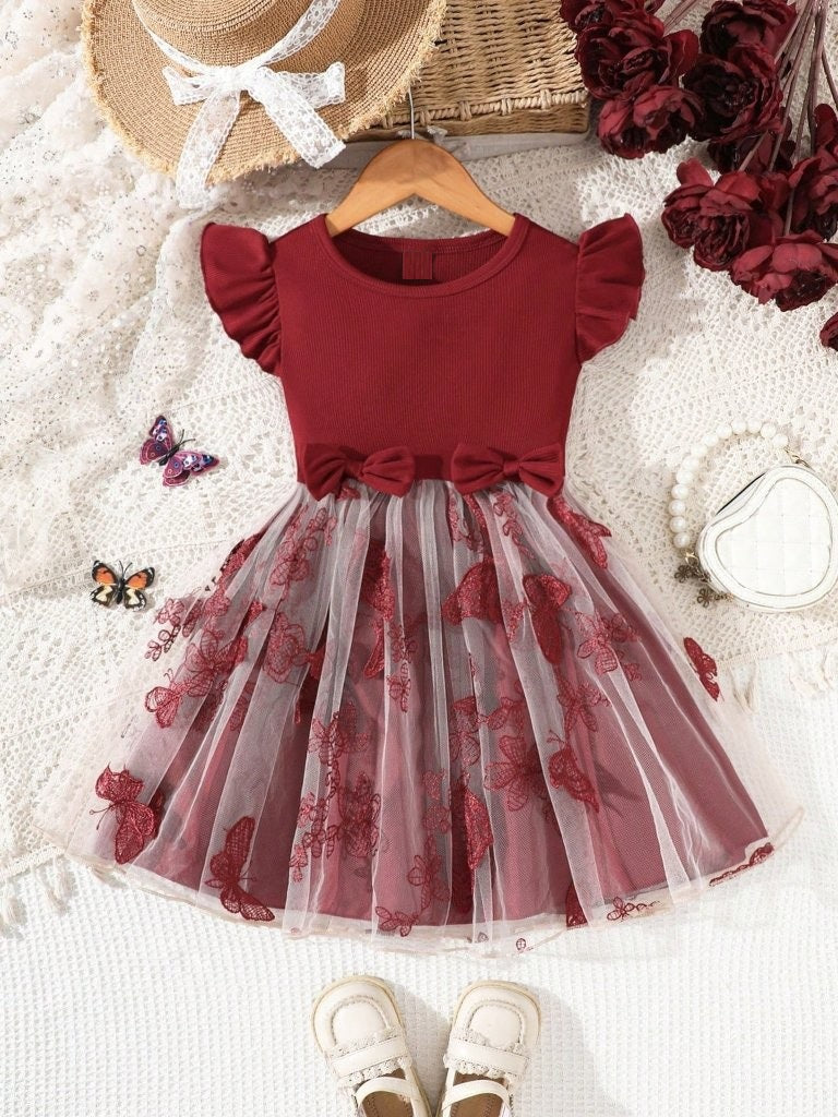 Toddler Girls Double Bow Butterfly Embroidered Dress