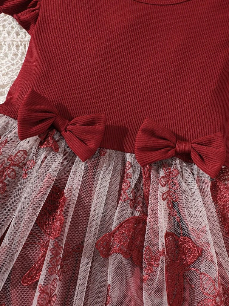 Toddler Girls Double Bow Butterfly Embroidered Dress