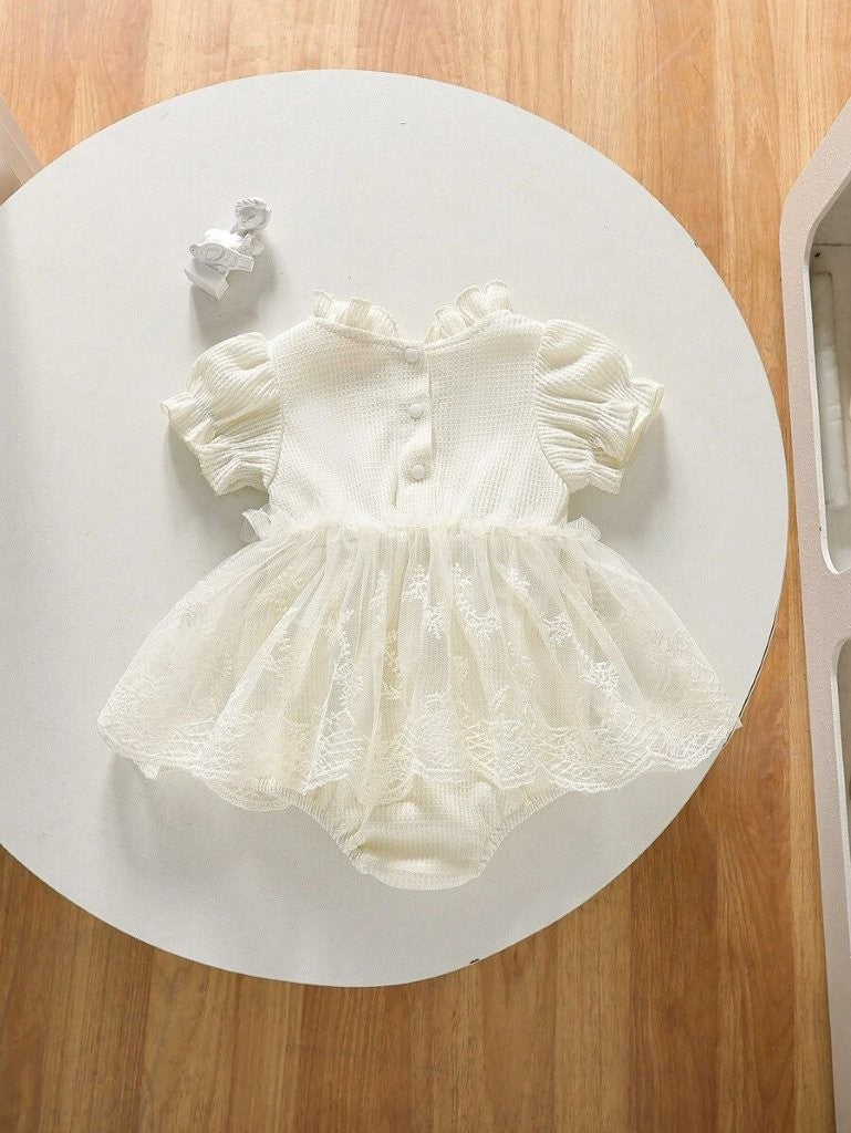Baby Elegant Lace Patterned Bodysuit Dress Apricot