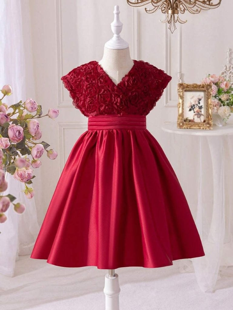 Toddler Girls 3D Rose Pattern V Neck Dress Burgundy