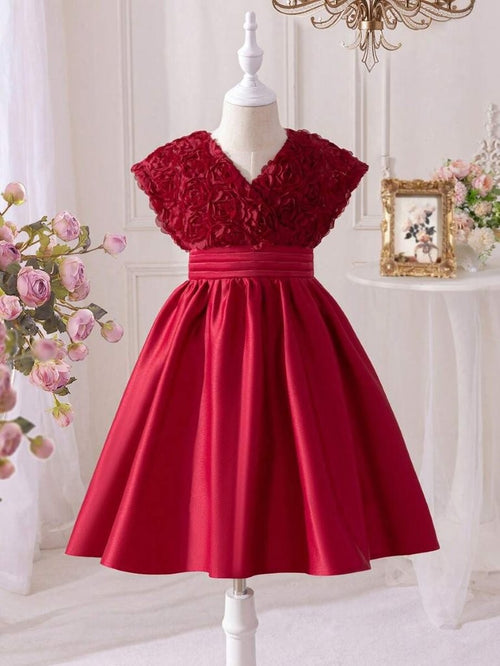 Toddler Girls 3D Rose Pattern V Neck Dress Burgundy