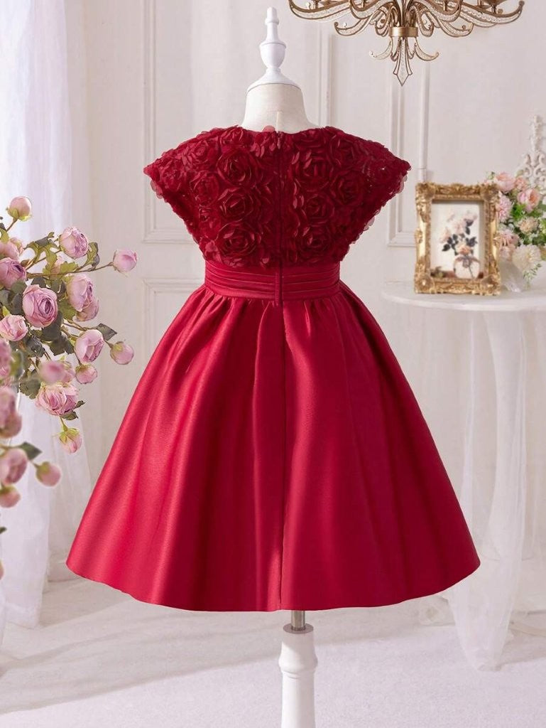 Toddler Girls 3D Rose Pattern V Neck Dress Burgundy