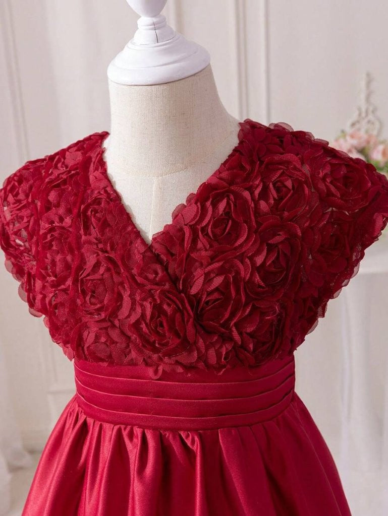 Toddler Girls 3D Rose Pattern V Neck Dress Burgundy