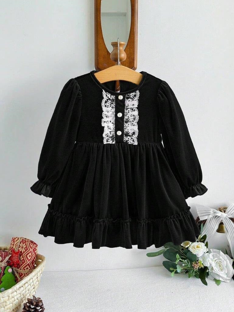 Baby Black Frilled Lace Velvet Dress