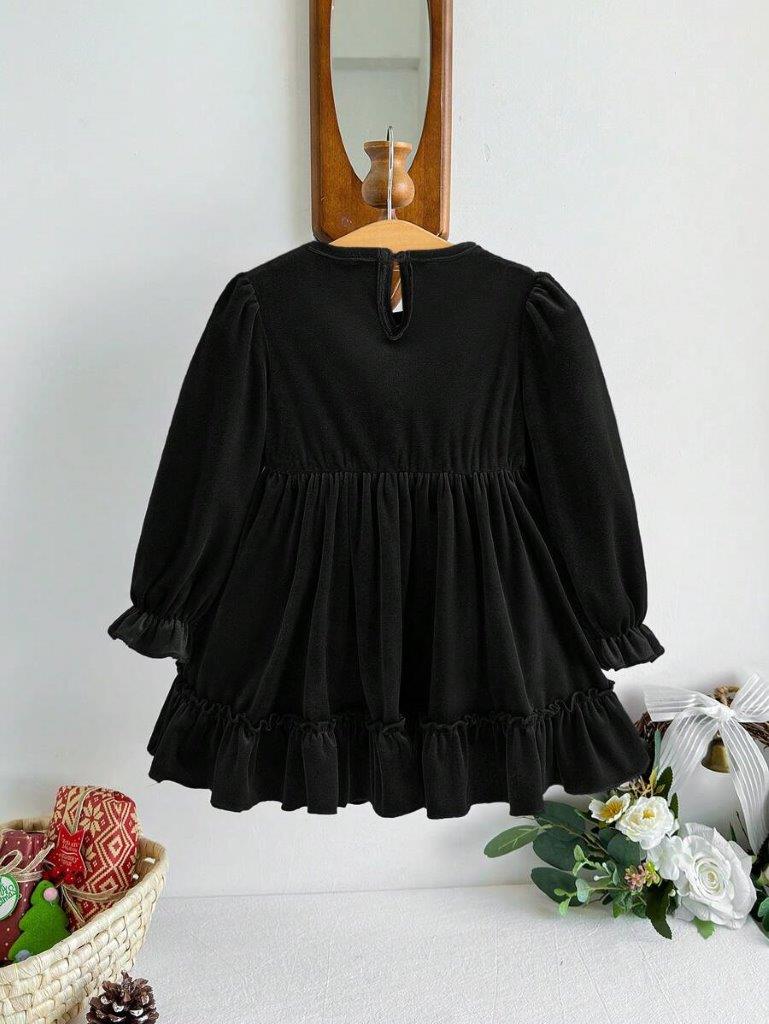 Baby Black Frilled Lace Velvet Dress