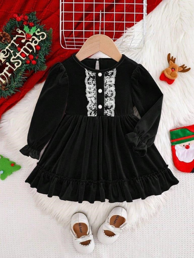Baby Black Frilled Lace Velvet Dress
