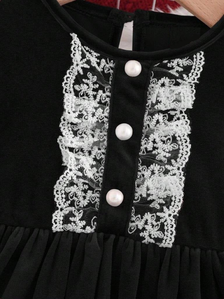 Baby Black Frilled Lace Velvet Dress