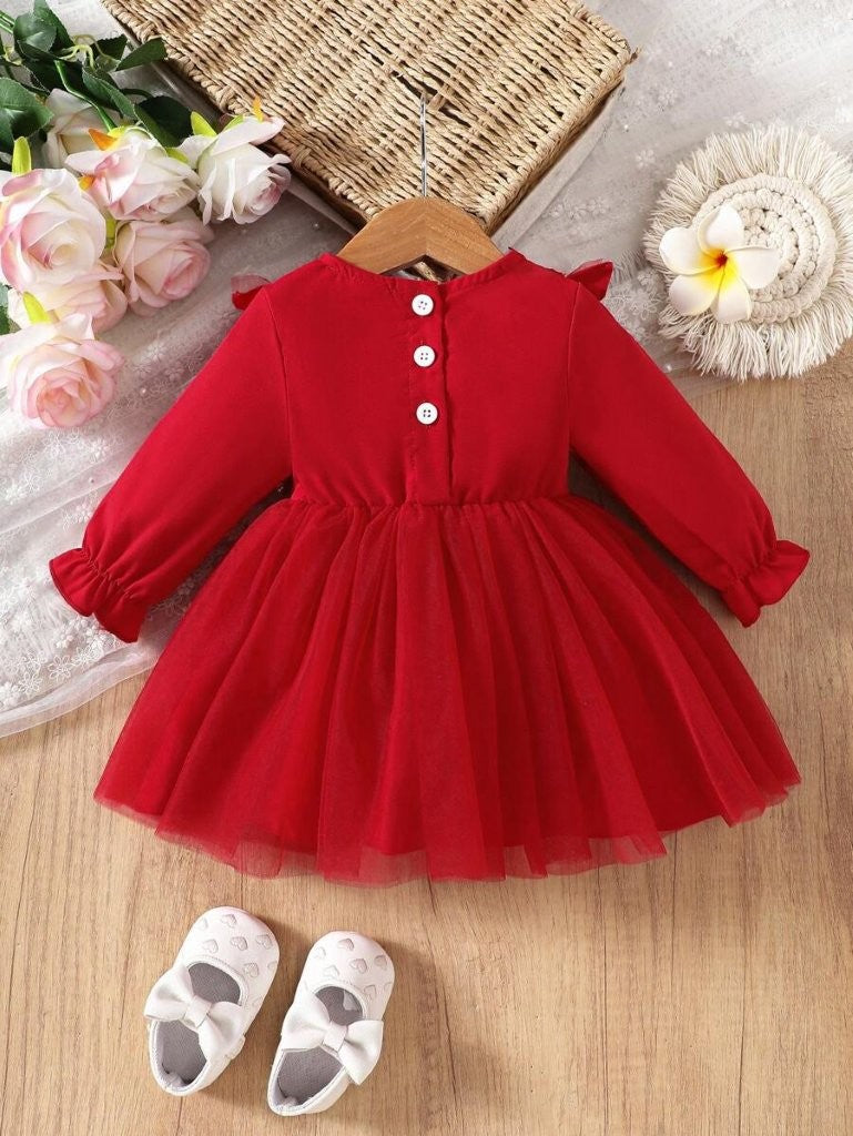 Baby Lace Pattern Ruffle Sleeve Dress Red