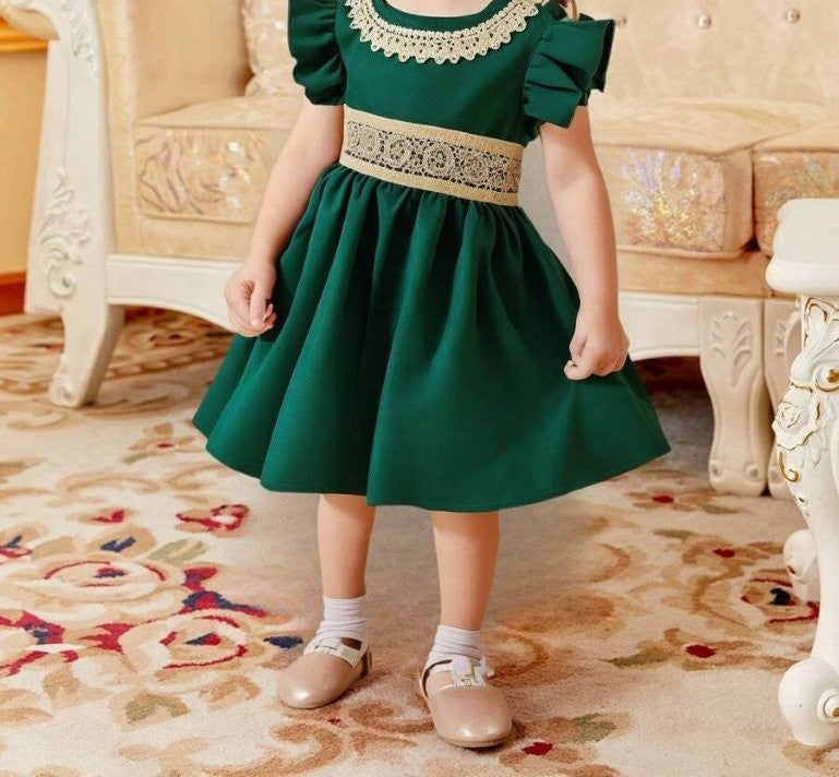 Baby Gold Lace Trim Elegant Dress Green