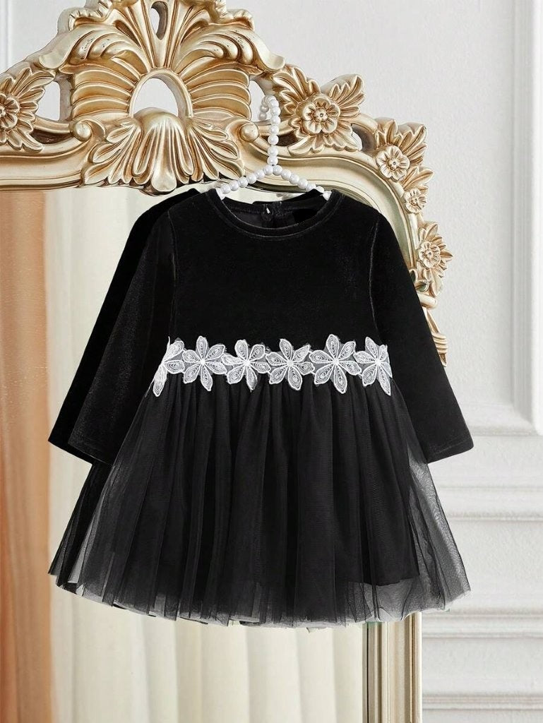 Baby Black Flower Print Mesh Dress