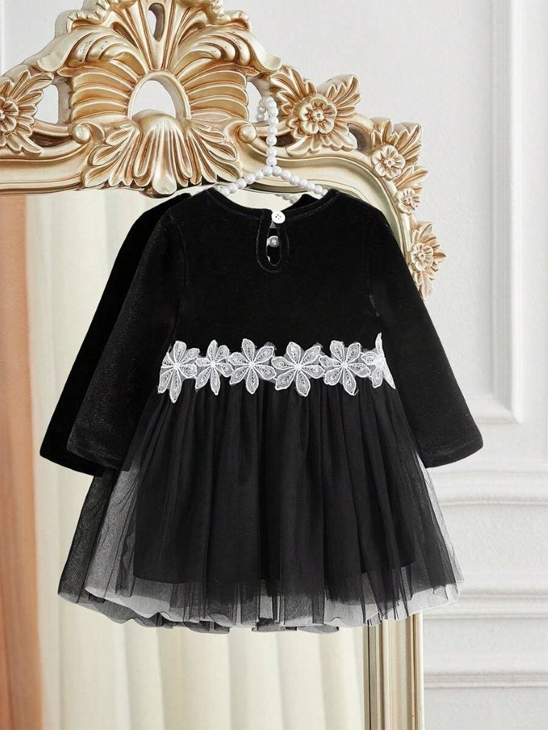 Baby Black Flower Print Mesh Dress
