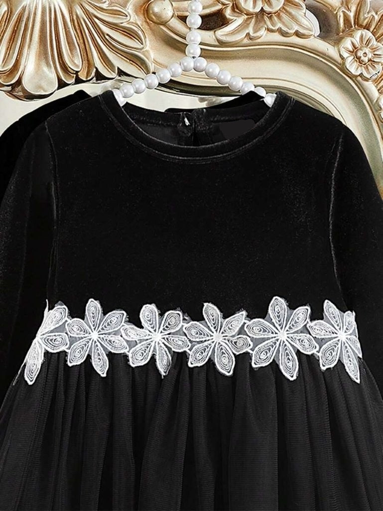 Baby Black Flower Print Mesh Dress