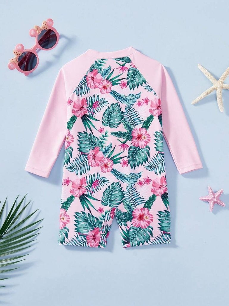 Baby Pink Tropical Print Swimming Costume