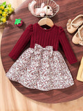 Baby Floral Pattern Ruffle Trim Bow Dress Burgundy