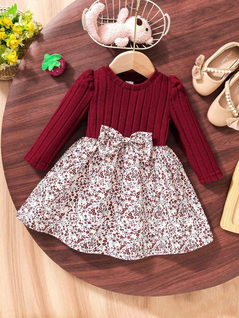 Baby Floral Pattern Ruffle Trim Bow Dress Burgundy