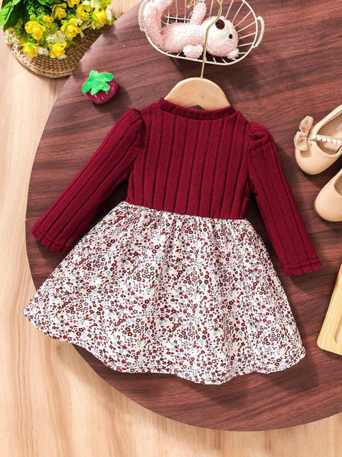 Baby Floral Pattern Ruffle Trim Bow Dress Burgundy