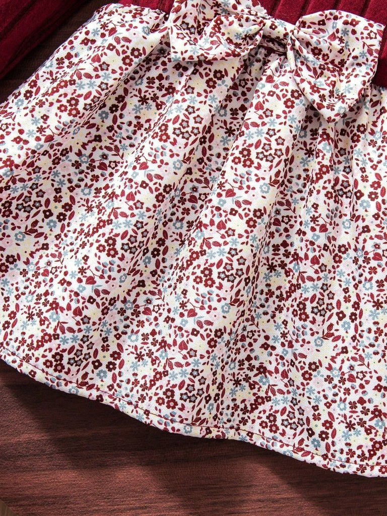 Baby Floral Pattern Ruffle Trim Bow Dress Burgundy