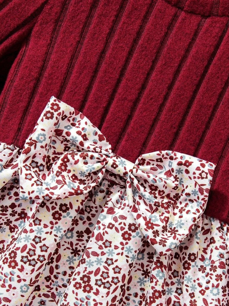 Baby Floral Pattern Ruffle Trim Bow Dress Burgundy