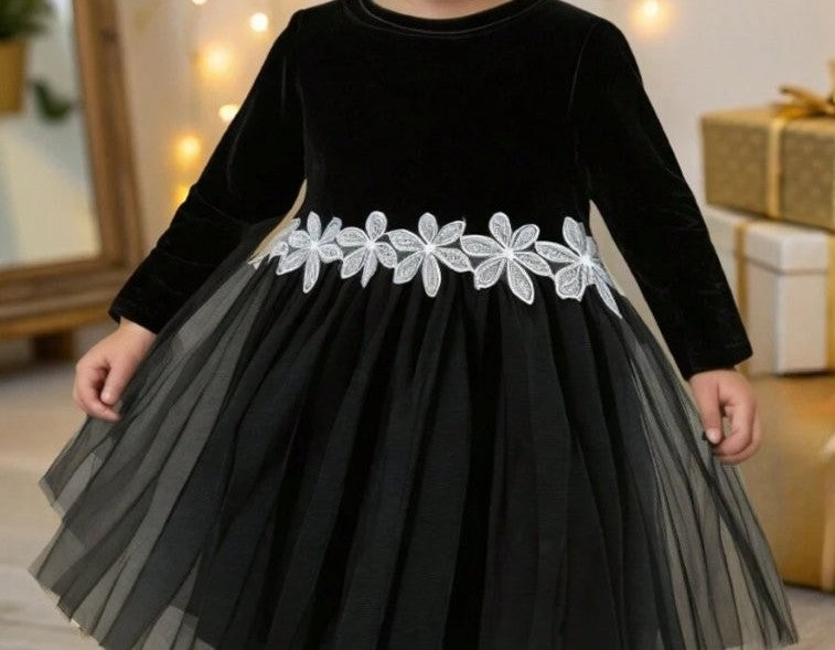 Baby Black Flower Print Mesh Dress