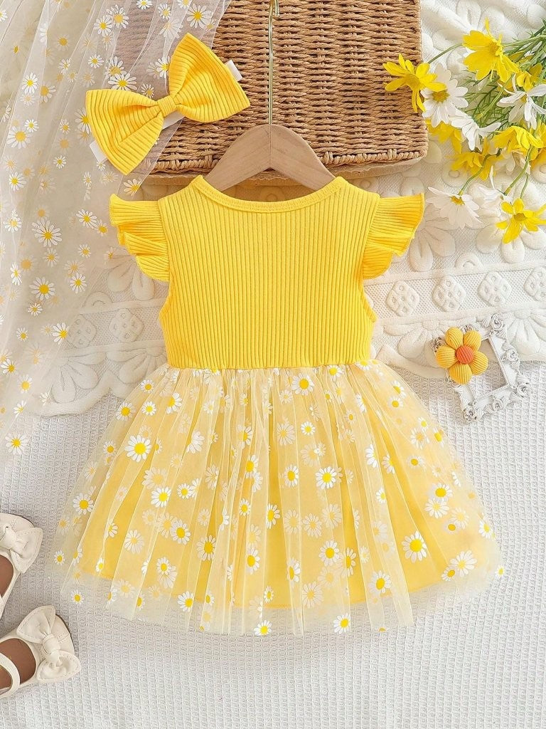 Baby Yellow Daisy Printed Bow Dress