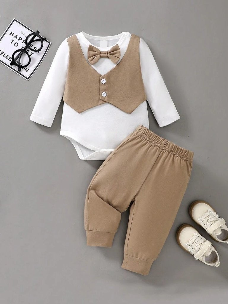 Baby Bow Tie Formal Bodysuit And Pants Set Khaki