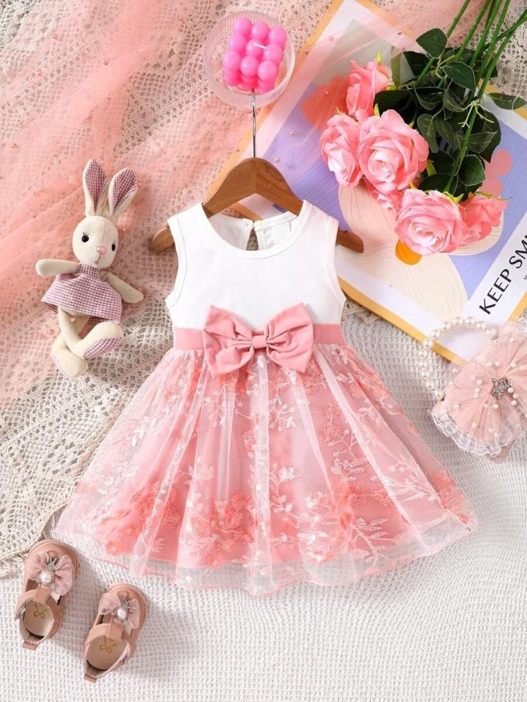 Baby Pink Embroidery Front Bow Dress