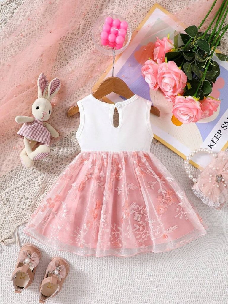 Baby Pink Embroidery Front Bow Dress