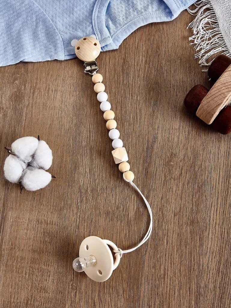 Baby Wooden Pacifier Clip White