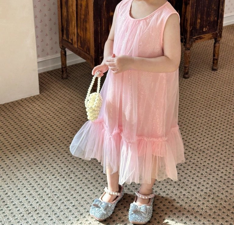 Toddler Girls Round Neck Sequin Party Dress Pink