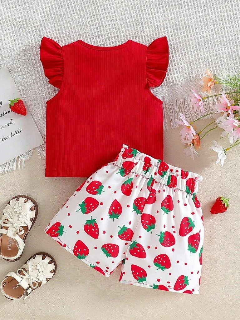 Baby Summer Strawberry Print Short And Tee Set