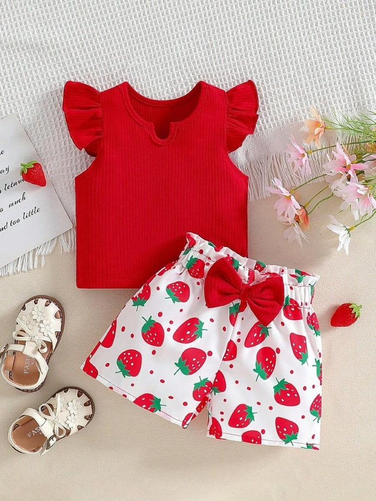 Baby Summer Strawberry Print Short And Tee Set