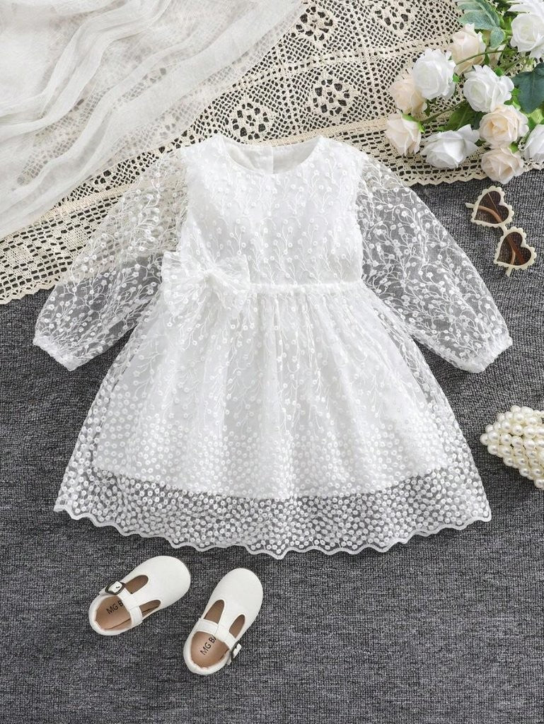Baby White Side Bow Embroidered Lace Dress