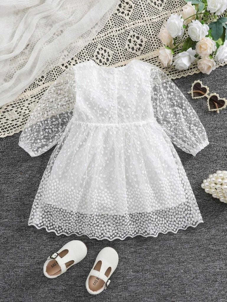 Baby White Side Bow Embroidered Lace Dress