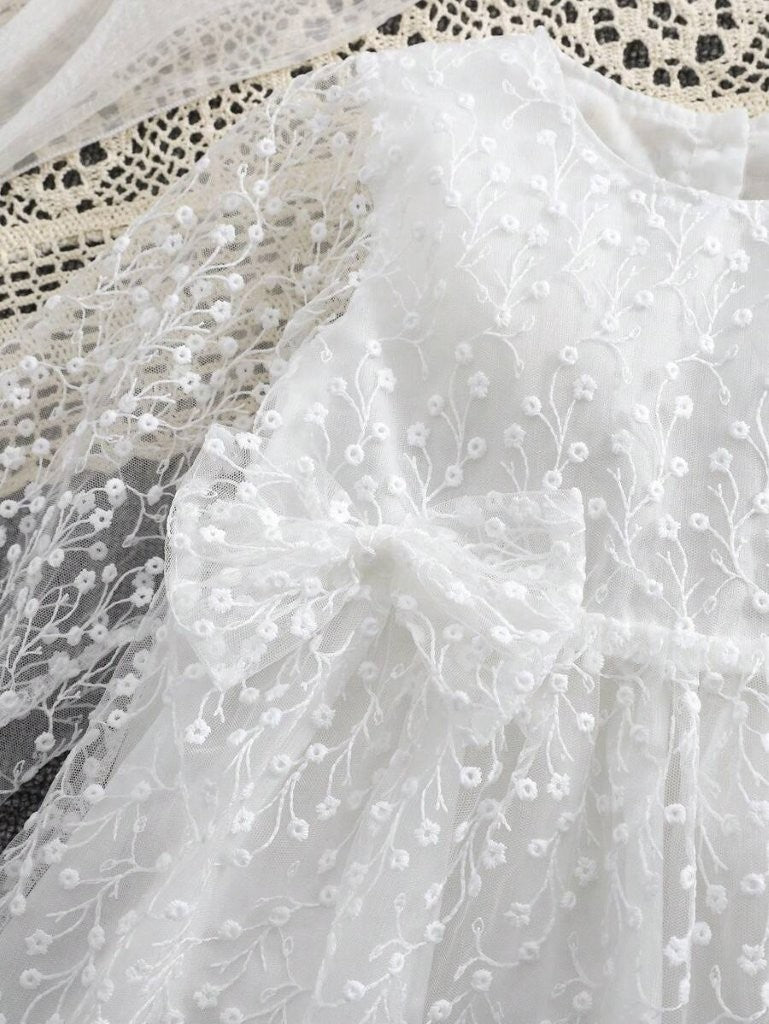 Baby White Side Bow Embroidered Lace Dress